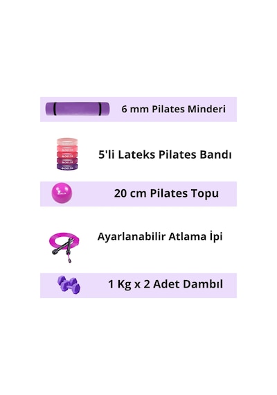 Pilates Egzersiz Seti 6 Mm Mat 5 Li Lateks Direnç Bandı 20 Cm Top Atlama İpi 1 Kg X2 Dambıl Mor