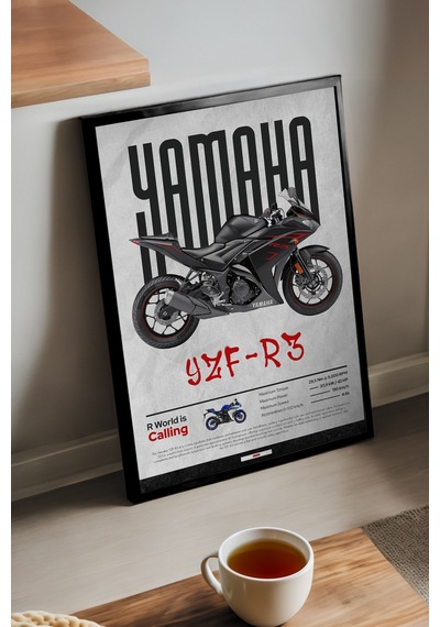 Yamaha Yzf-r3 Siyah Ahşap Çerçeveli Poster, Dekoratif Motosiklet Duvar Tablosu