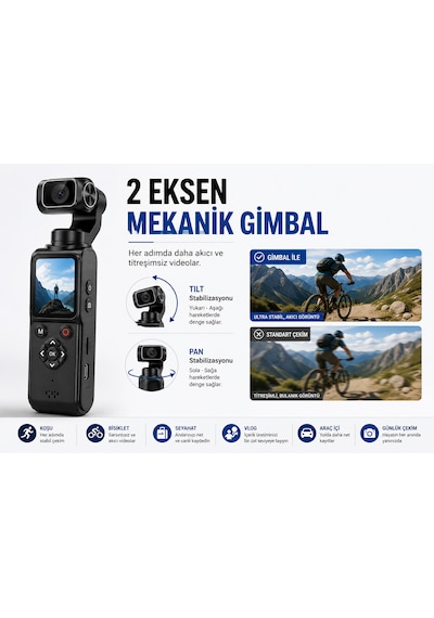 4k Vlog Kamerası 64mp 2 Eksen Mekanik Gimbal 330 Akıllı Yüz Takibi 1.7'' Hd Dokunmatik Ekran Wifi Webcam Type-c