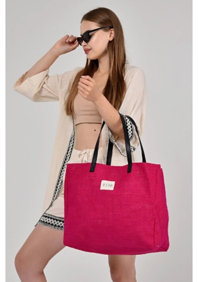 İcone Bag Kadın Çantası, Kadın Hasır El Ve Omuz Çantası, Hasır Çanta, Keten Çanta, Straw Bag Pembe