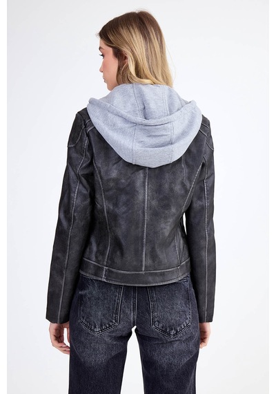 Vitrin Kapüşonlu Suni Deri Crop Biker Ceket Siyah