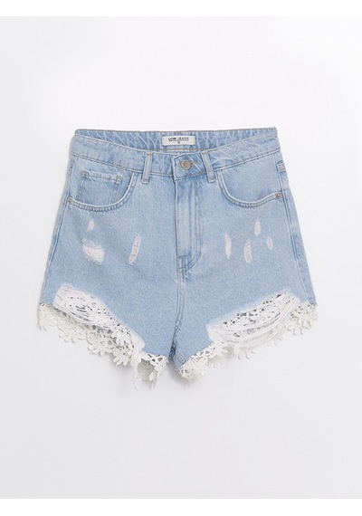 Lcw Jeans İndigo Yüksek Bel Standart Fit Yırtık Detaylı Kadın Jean Şort