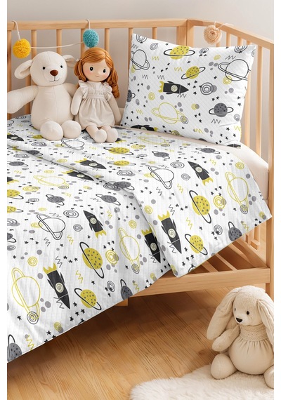 Evimde Bambaşka Uzay Roket Sarı Erkek Çocuk Pike Takımı - Gri Geometrik Bebek Odası Yazlık Yatak Örtüsü - 160x220  CM