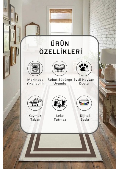 Çerçeve Krem Kahve Yıkanabilir Yolluk