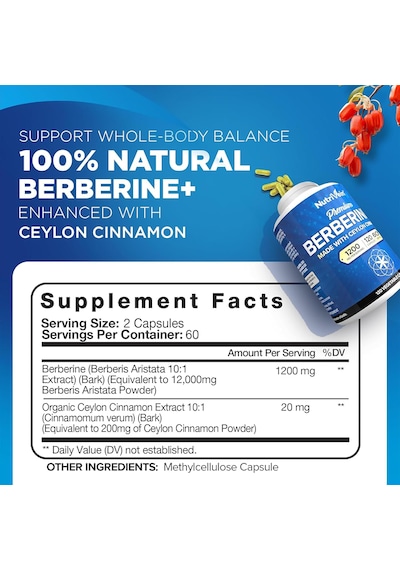 Nutrivein Premium Berberine Hcl 1200 Mg Ceylon Cinnamon 120 Caps