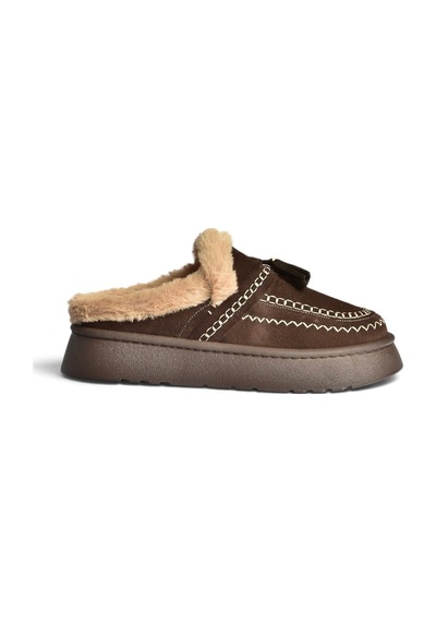 Fox Shoes Z357171661 Kahverengi Süet Hakiki Deri Kürklü Kadın Makosen Terlik