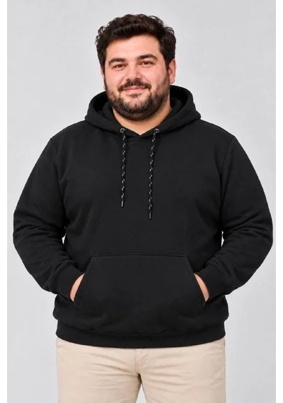 Suma Erkek Büyük Beden Üç İplik Şardonlu Kapüşonlu Kanguru Cepli Sweatshirt - Siyah