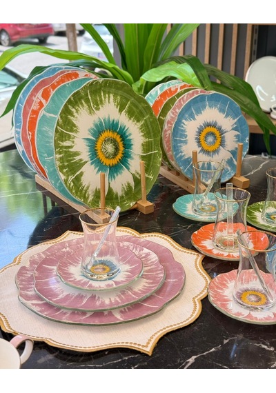 30 Parça Daisy Color Mix Servis Pasta Çay Takımı Gold-5068 Çok Renkli