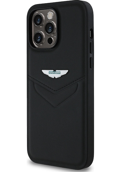 Apple Uyumlu iPhone 14 Pro Max Kılıf Aston Martin Lisanslı Victory Dizayn Deri Metal Logolu Kapak Siyah