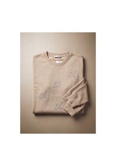 Deniva Kids Kız Çocuk Bej Taş İşlemeli Bisiklet Yaka Pamuklu Sweatshirt Bluz