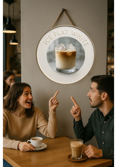 Ice Flat White Temalı Yuvarlak Cafe Tabelası, Jüt İpli Ahşap Duvar & Kapı Dekoru, Barista Süsü
