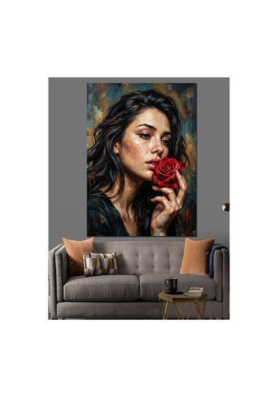 Kırmızı Gül Tutan Esmer Kadın Yağlı Boya Dokulu Kanvas Tablo Canvas Tablosu