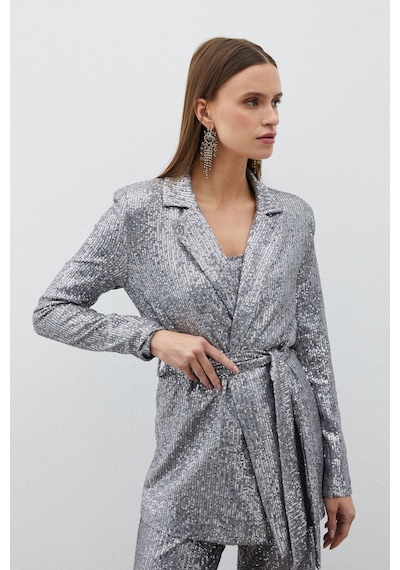 Sateen Kuşaklı Payet Ceket - Gümüş