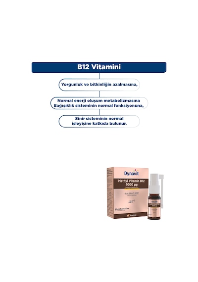 Dynavit Vitamin B12 1000mcg 10ml Dilaltı Sprey- Aile Boyu B12 Vitamini - Methylcobalamin Hafıza & Enerji