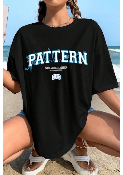 Unisex Pattern Blue Baskılı Tasarım Tshirt Siyah