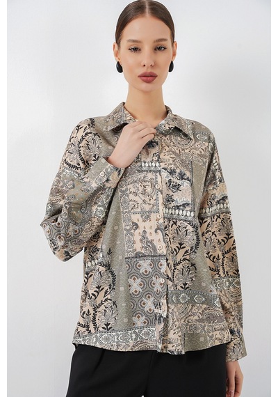 Bigdart Kadın Oversize Desenli Saten Gömlek 20365 - Çağla