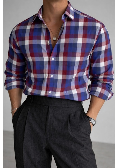 Erkek Ekose Gömlek Slim Fit Pamuklu Uzun Kollu Günlük Şık Gömlek Bordo