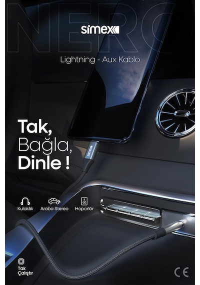 Simex Apple Uyumlu iPhone Lightning To 3.5mm Kumaş Aux Ses Kablosu Stereo Destekli 1.1m Nero Kumaş siyah