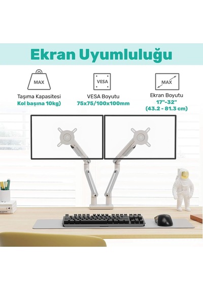 Std49024w Elysium 17-32 Çift Monitör Kolu, Ultra İnce Alüminyum Amortisörlü Stand, 2x9kg Vesa Tutucu, Beyaz