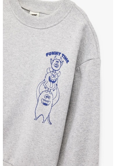 Koton Erkek Bebek Canavar Baskılı Uzun Kollu Bisiklet Yaka Sweatshirt Gri