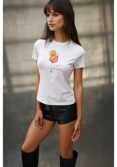 Hiccup Kadın Bisiklet Yaka Kısa Kollu Önü Baskılı Pamuklu T-shirt Turuncu