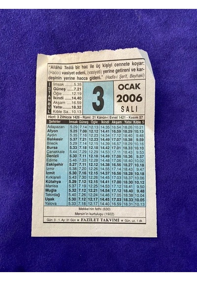 3 Ocak 2006 Takvim Yaprağı - Nostalji Koleksiyonluk Takvim Yaprağı