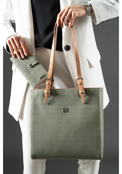 Just Polo Kadın Yeşil Camel Büyük Boy El Çantası Ve Cüzdanı Kombin 31 X 32 Cm Yeşil - Camel