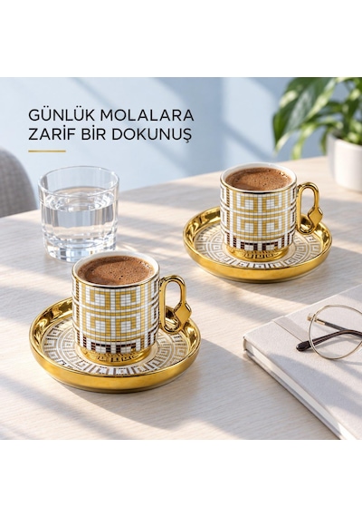 Valkyrie 12 Parça 6 Kişilik 80 Ml Geometrik Desenli Türk Kahvesi Fincan Takımı Gold K651-c
