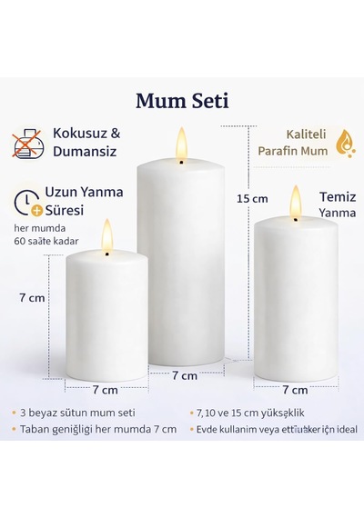 3'lü Silindir Blok Mum Seti, Beyaz Dekoratif Sütun Mumlar, İçten Yanan Fitil, 7 Cm Çap, 7,10,15 Cm Yükseklik, Ev D Diğer