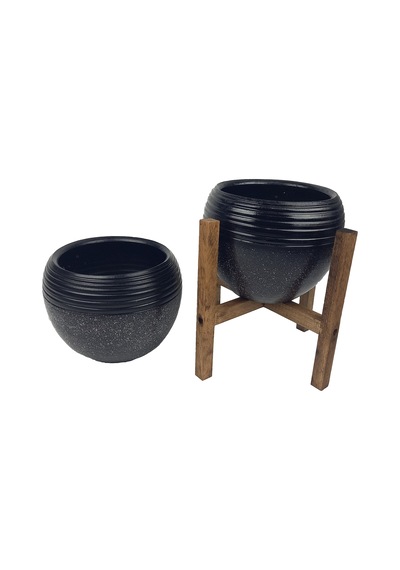 Bitki Tasarımı Ev Dekorasyon  Siyah Granit Küp Saksı Saksılık Salon Çiçeklik İkili Set (4 Ayaklı-Ayaksız)