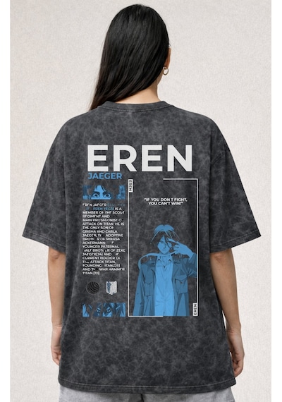 Attack On Titan Eren Jaeger Anime Baskılı Unisex Oversize Eskitme Siyah