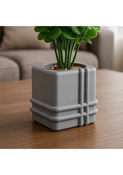 3d Baskı Square Planter - Izgara Desenli Küp Saksı-gri