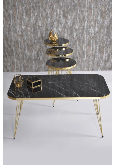 Zigon Sehpa Ve Orta Sehpa Kr Set Gold Tel Siyah Mermer Desen