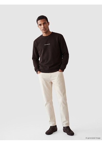 Lcw Vision Kahverengi Bisiklet Yaka Slogan Baskılı Erkek Sweatshirt