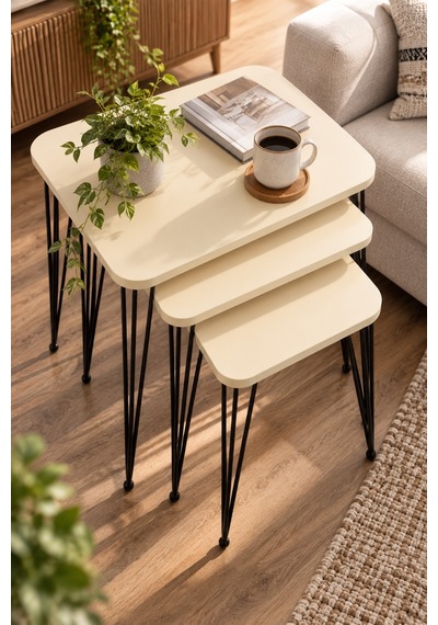 Sulorahome Metal Tel Ayaklı 3'lü Zigon Sehpa Takımı Krem Bej