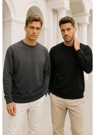 Rich Erkek 2'li Paket Siyah - Antrasit Bisiklet Yaka Scuba Basic Sweatshirt Siyah