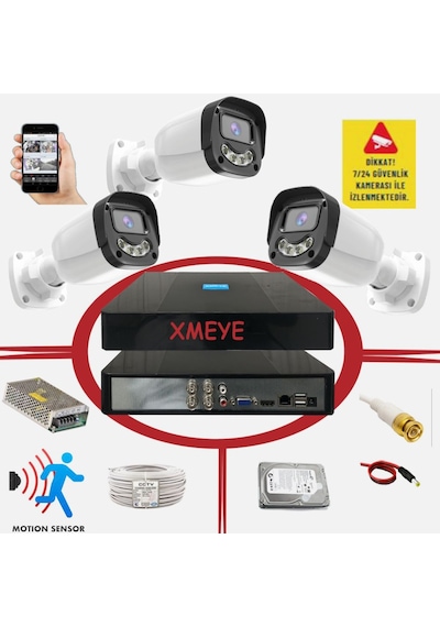 3 Lü Hareket Algılayan 5 Mp Lens 4 Warm Led Gece Renkli Gösteren Güvenlik Kamerası Seti Bs 2304w
