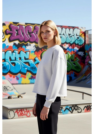 Benerly Kadın Bisiklet Yaka Düşük Kol Örme Sweatshirt Fonksiyonel Dayanık Kar Melanj