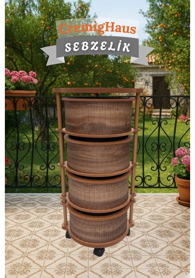Ahşap Sebzelik Geleneksel Tasarım Yuvarlak Kemençe Desenli 4 X 5 Kg Kapasiteli Hazır Gönderim Diğer