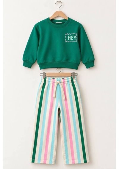 Hey Hi Sırt Kabartma Baskı Detaylı Sweatshirt Ve Renkli Çizgili Eşofman Kız & Erkek Çocuk Alt Üst Ta Yeşil