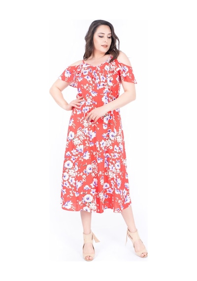 Myline Kolları Volanlı Elbise-589 Kırmızı