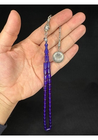 Sevgiliye Özel Hediye Ateş Kehribar Tesbih Lacivert Renkli Kesme Kesim 10,5mmx6,5mm H-1657.