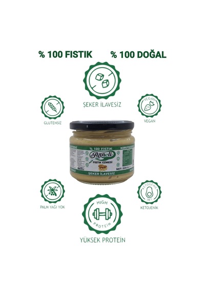 300 Gr Fıstık Ezmesi Şekersiz Sade %100 Doğal %100 Fıstık Cam Kavanoz