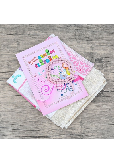Çocuk Seccadesi Ve Eğitici Kitabı Namaz Seti -seccade Ölçü Pembe 45x82 Cm - Tesbih Çok Renkli
