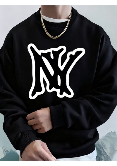 Startmore Startmorebasit Ny Logo Baskı Erkek Tişörtü Kış Polar Sıcak Kapüşonlular Kore Büyük Boy Bisiklet Yaka S Siyah