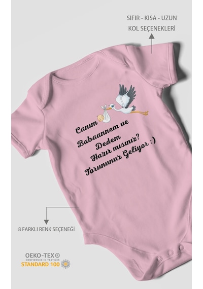 Canım Babannem Ve Dedem Hazır Mısınız Baskılı Bebek Zıbını Çıtçıtlı Body %100 Pamuk Kısa Kol Koyu Pembe
