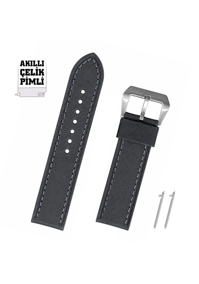 22mm Antrasit Gri Spor Hakiki Deri Saat Kordonu Kayış Akıllı Pimli Gümüş