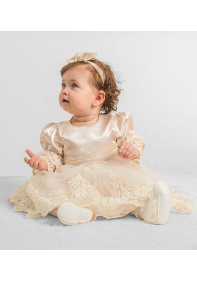 Pugi Baby Kız Bebek Şık Dantelli Mevlüt / Özel Gün Elbisesi Bej3