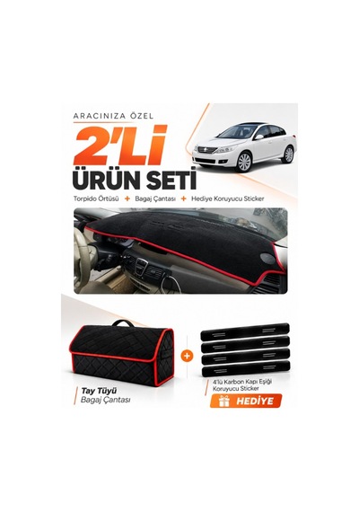 Renault Latıtude 2010-2015 Uyumlu Torpido Örtüsü + Tay Tüyü Çanta + Sticker - Siyah Kırmızı