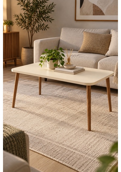 Sulorahome Torna Ayaklı Krem Bej Orta Sehpa 90x50 Cm Akçaağaç